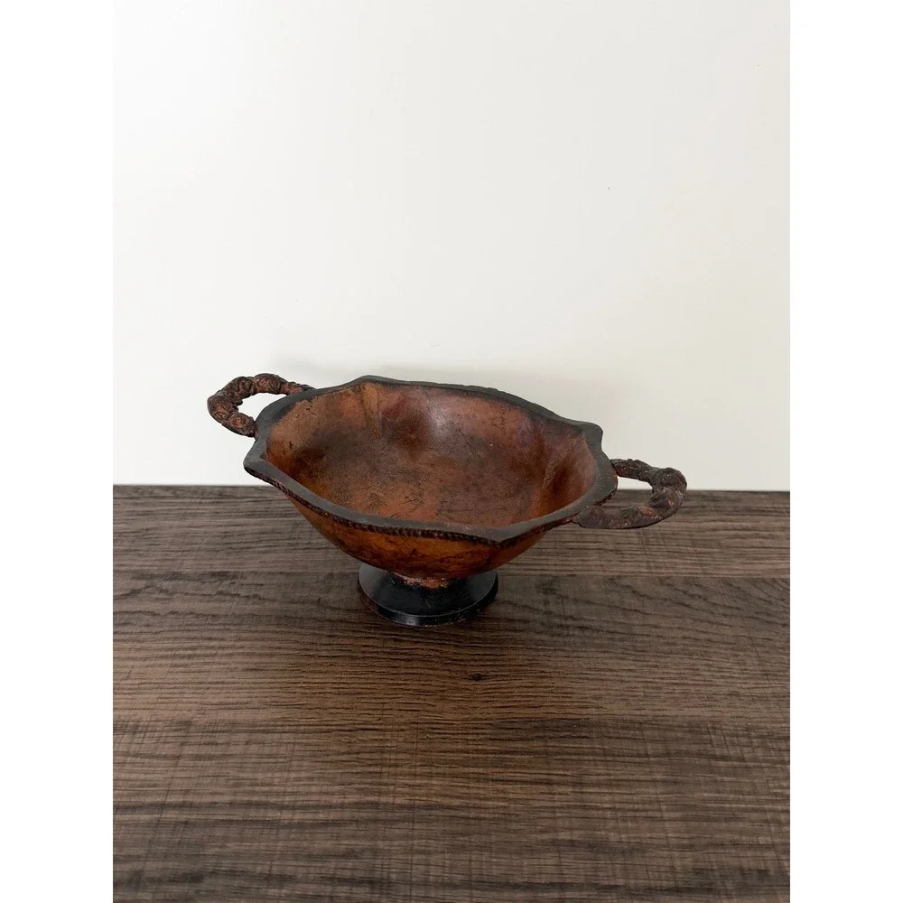 Vintage Metal Rustic Farmhouse Distressed Rose Handle Detailing Footed Bowl Dish